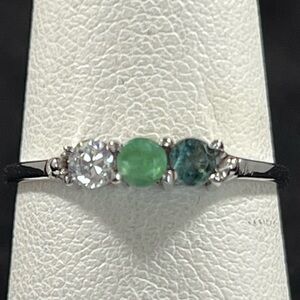 White Topaz • Emerald • Iolite 3‑Stone Sterling Silver Ring